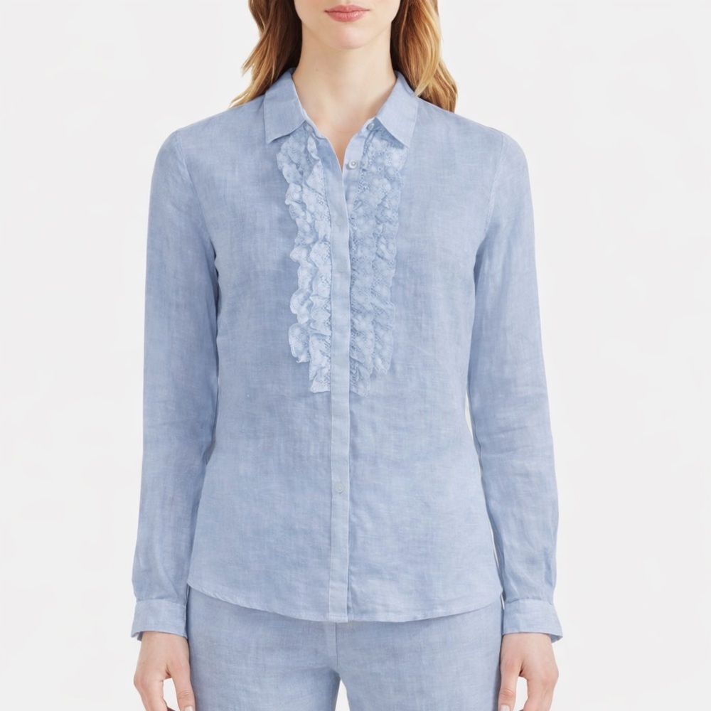 120% Lino Jabot Ruffle-Bib Button-Down Linen Shirt Light Blue Lace Detail Sz 46